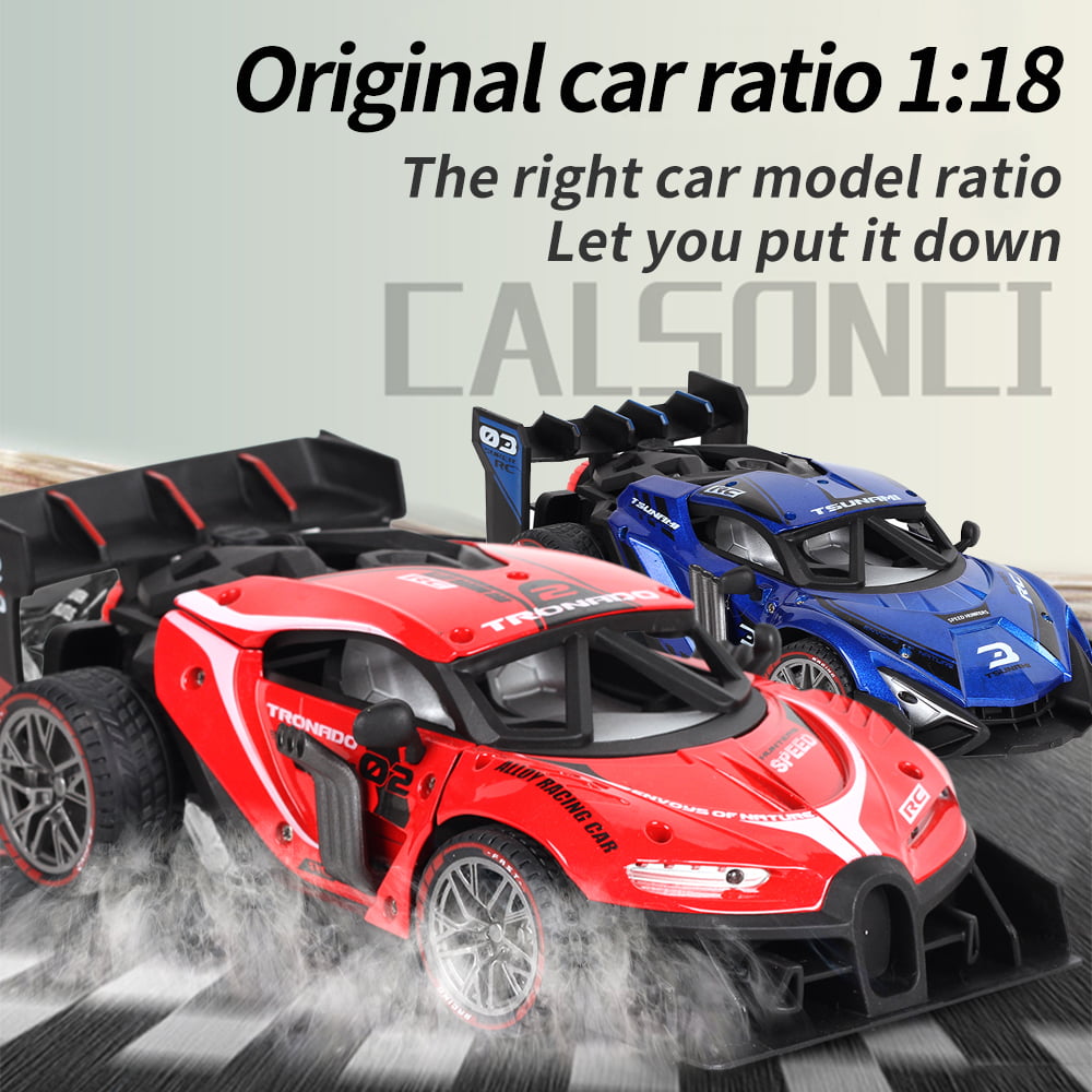 2 Pack Alloy Remote Control Car, 1/18 Scale 2.4g Mhz High-speed Racing Drift Stunt Car, Top Speed 20 Km/h, Waterproof,with One Rechargeable Batteries and Atomization System, Excellent Xmas Gifts
