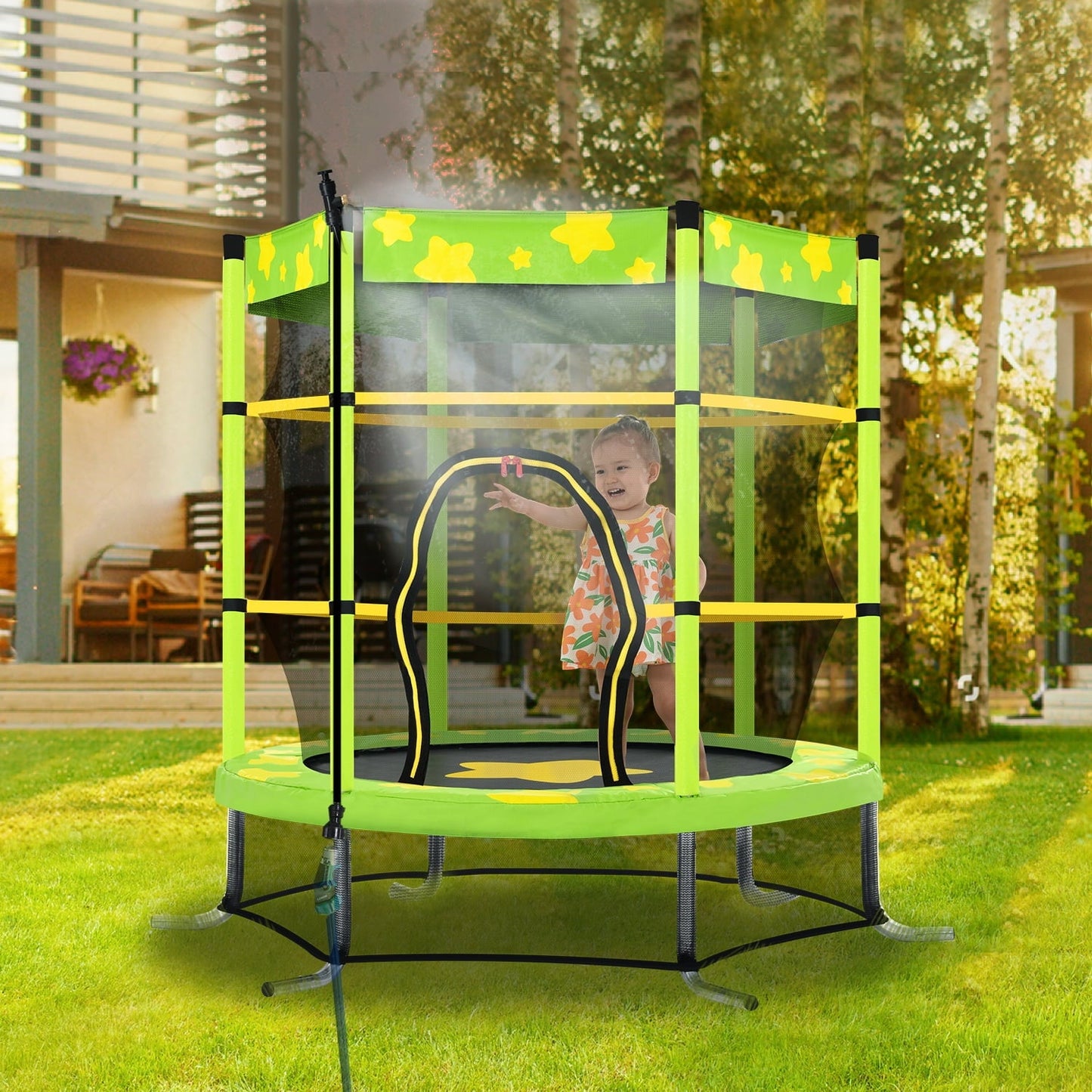 55 inch Kids Trampoline with Safety Enclosure Net, Outdoor Indoor Trampoline for Kids with Water Sprinkler, Max Load 100 lbs
