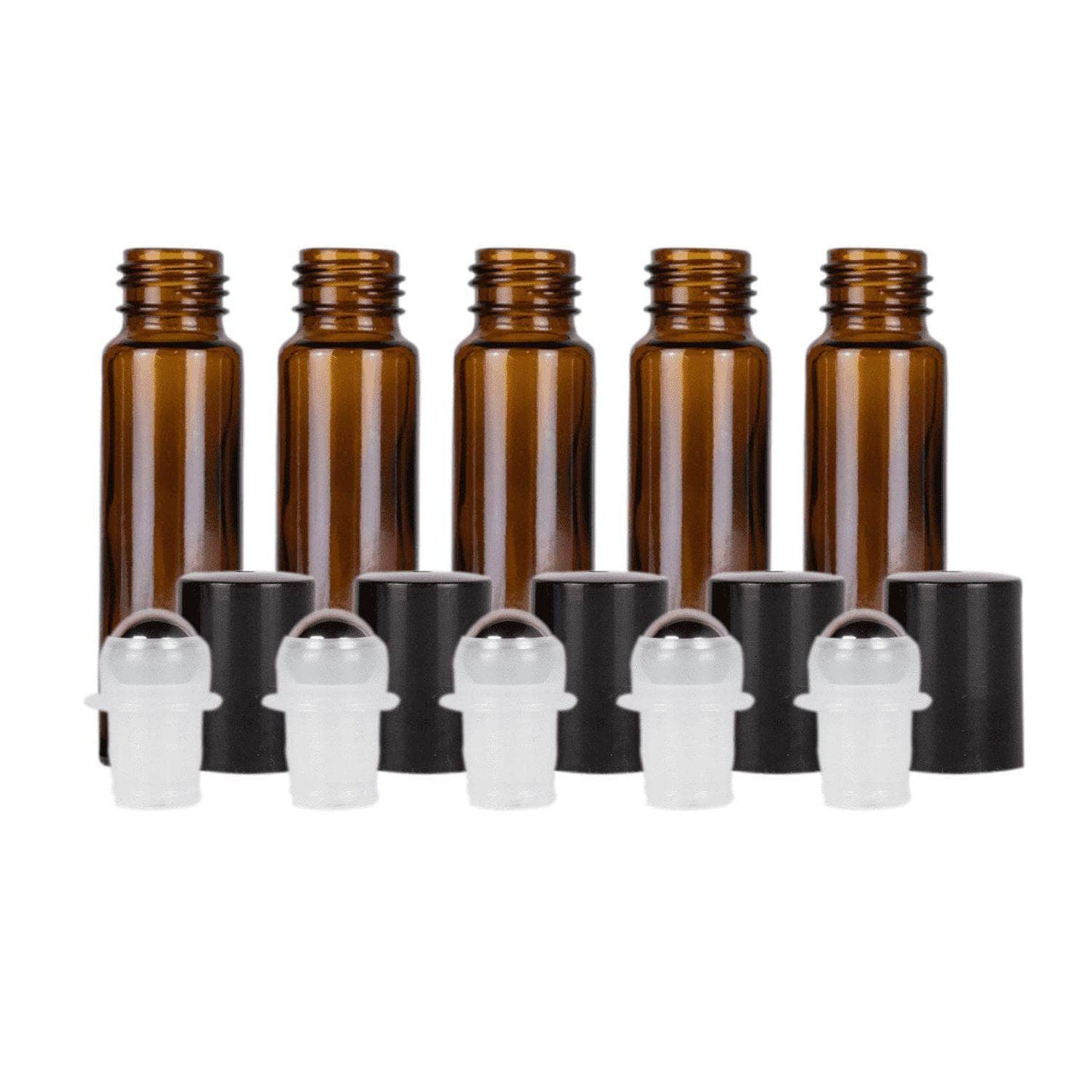 10 ml Amber Glass Roller Bottles (Pack of 5) Glass Roller Bottles Your Oil Tools Black Stainless